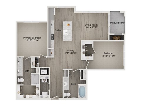 Floor plan for 2 beds, 2 baths, 1214 sqft